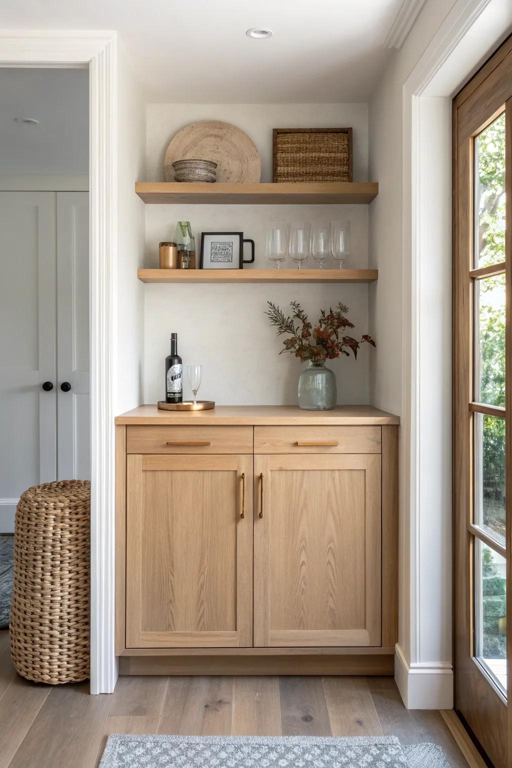 A slim oak hallway nook dry bar with floating shelves—minimal, warm, and guest-ready.