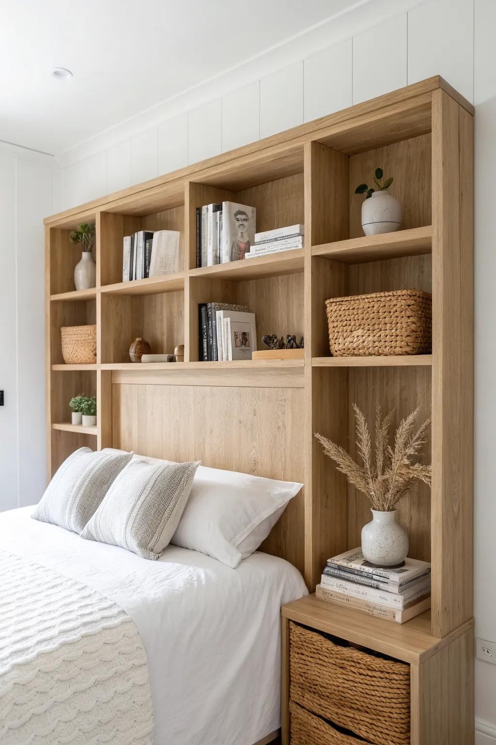 Bookcase built-in headboard: open shelves for your pretties, deep cubbies to hide the rest.