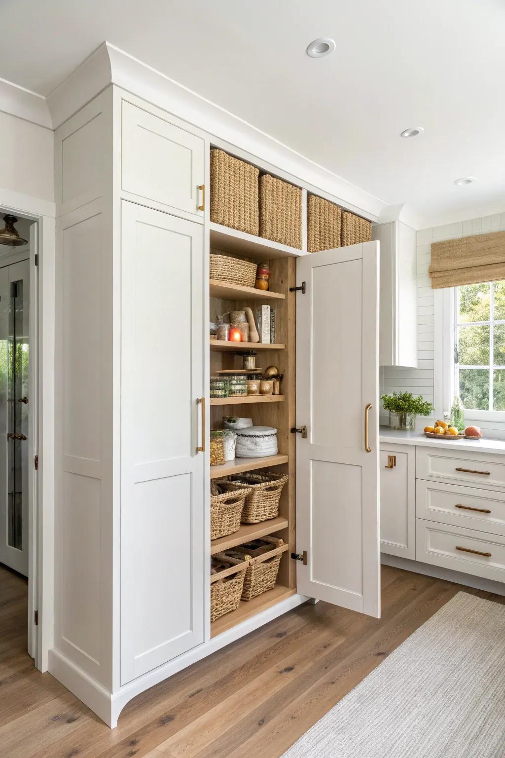 A tall built-in pantry that blends seamlessly with your uppers—custom look, zero extra space.