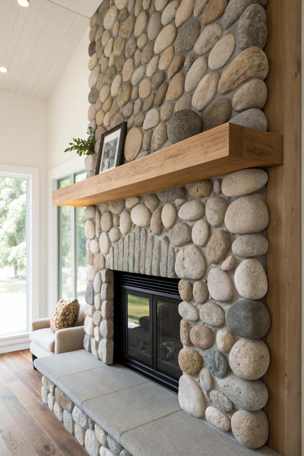 River rock surround, weightless oak mantel—simple, modern, and made for cozy bungalow nights.