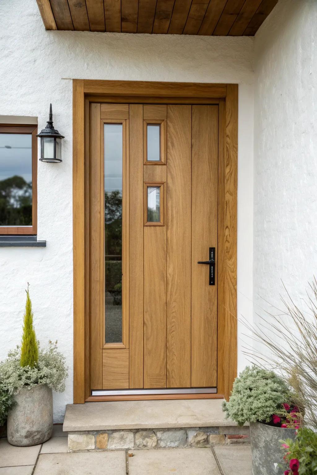 A solid-wood front door with simple glass panels—warm grain, bright entry, instant bungalow wow.