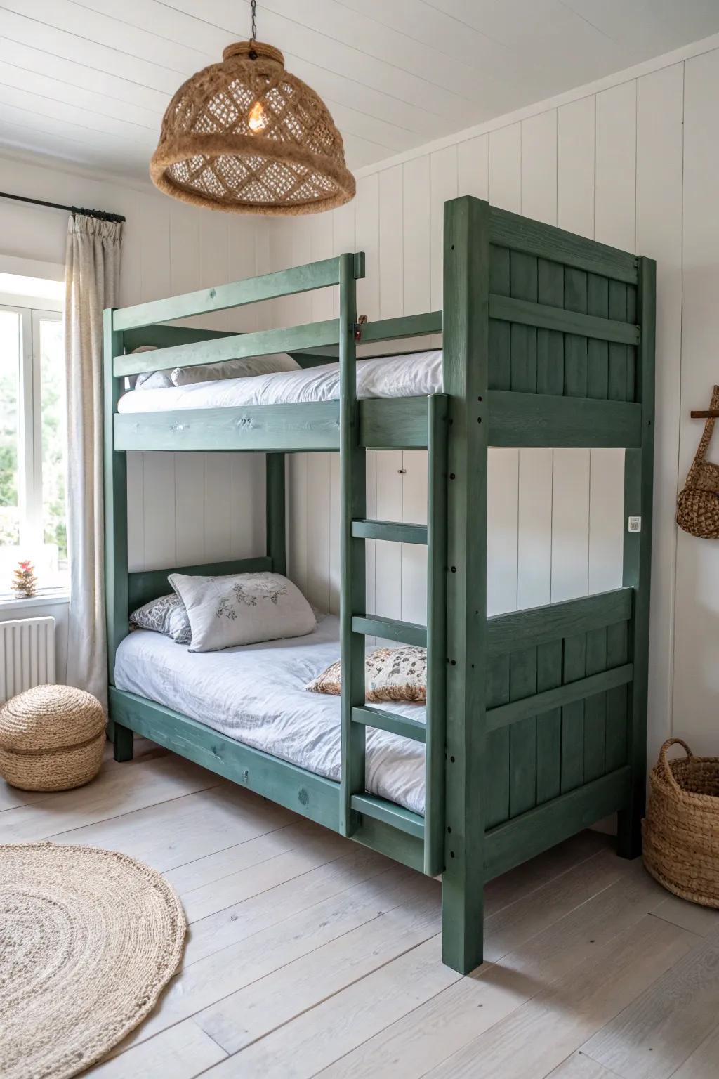 A moody painted bunk bed frame turns a simple room into a custom, statement-making space.