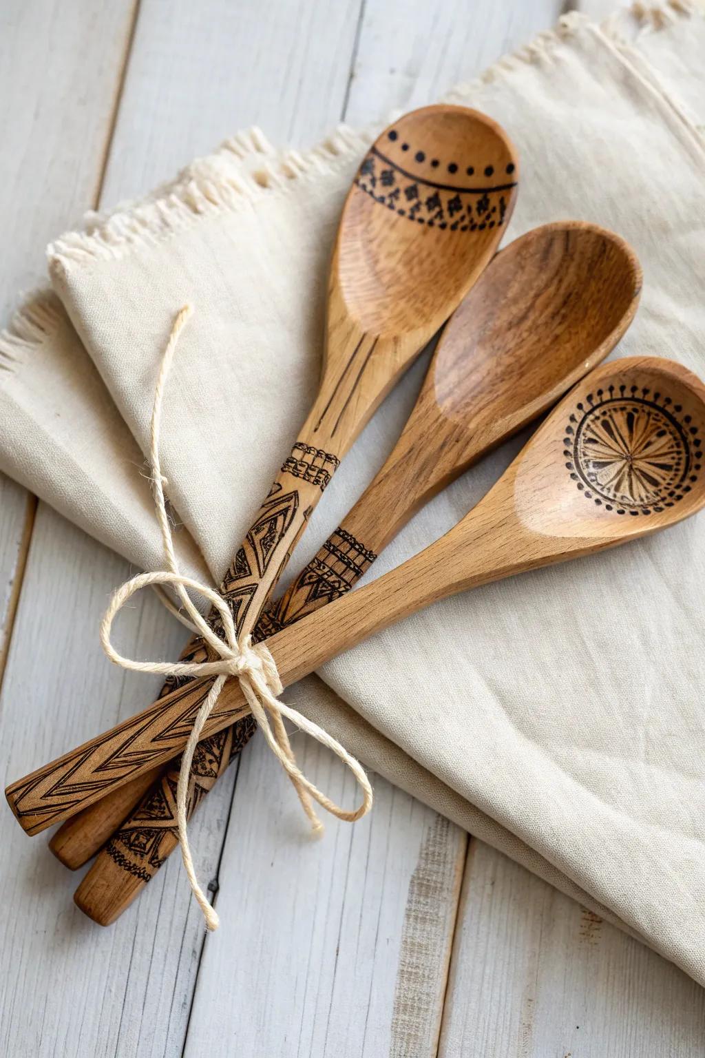 Wood-burned spoon set with delicate handle motifs—minimal, handmade charm for your kitchen.