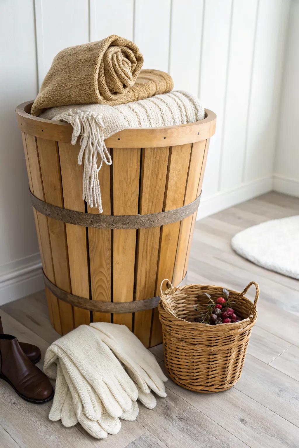 A cozy entryway drop zone: bushel basket with a linen liner for scarves and gloves.