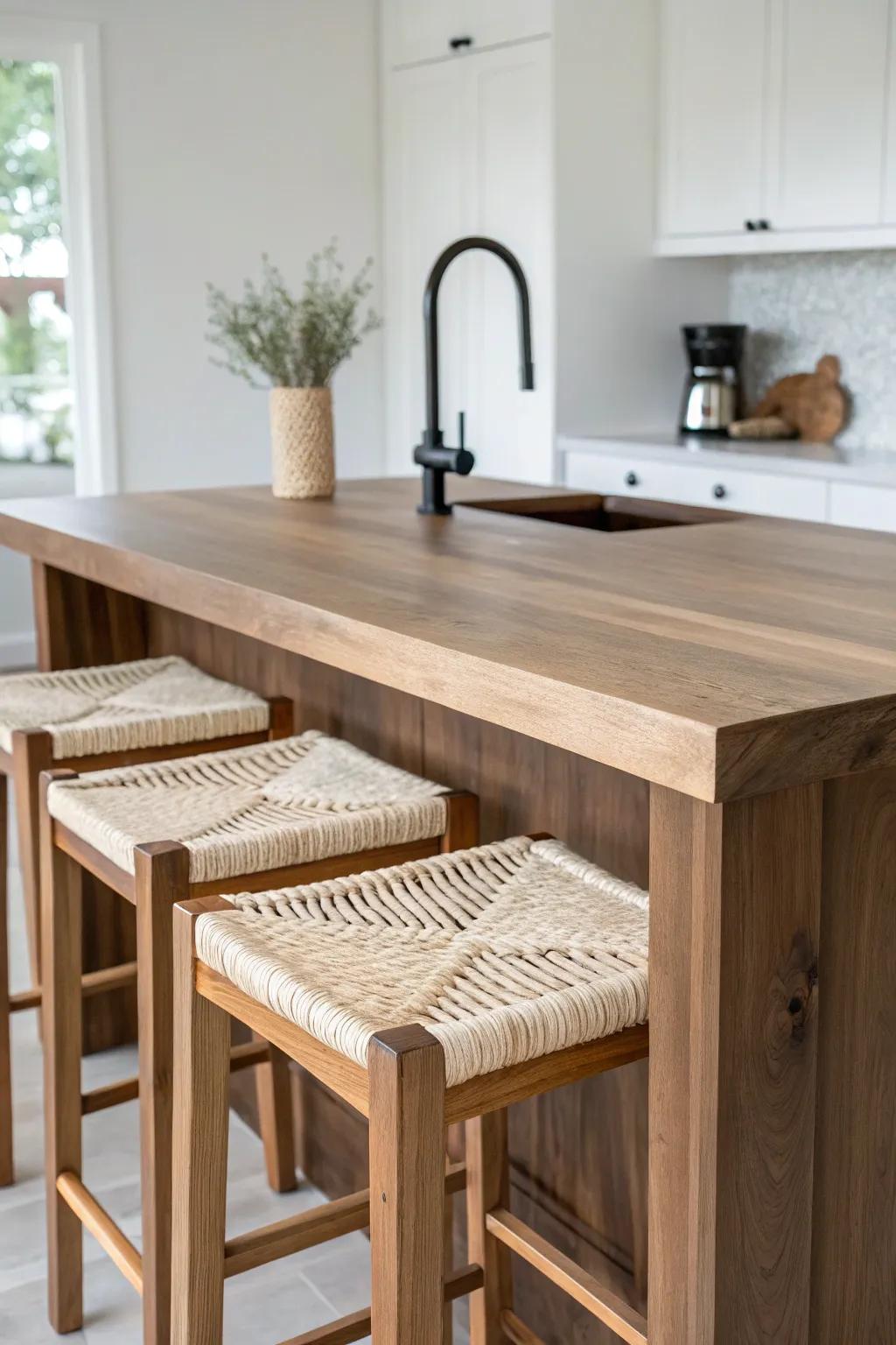 Walnut butcher block overhang turns a kitchen island into a prep zone + cozy seating spot.