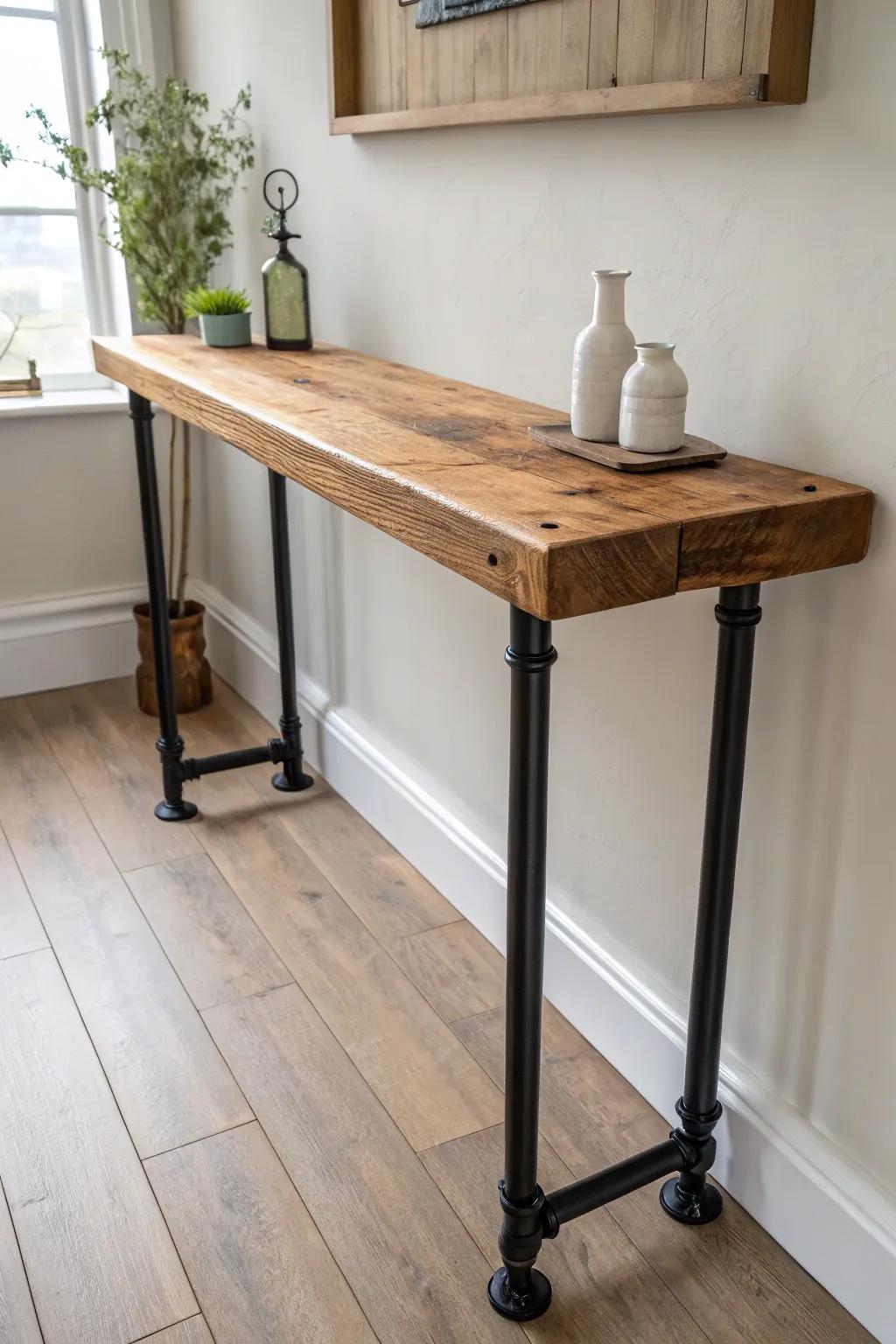 Butcher block + black pipe legs: an industrial console table with cozy, minimalist warmth.