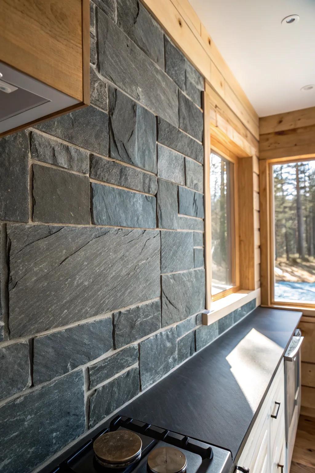 Moody slate backsplash: trail-inspired color shifts that bring instant mountain cabin calm.