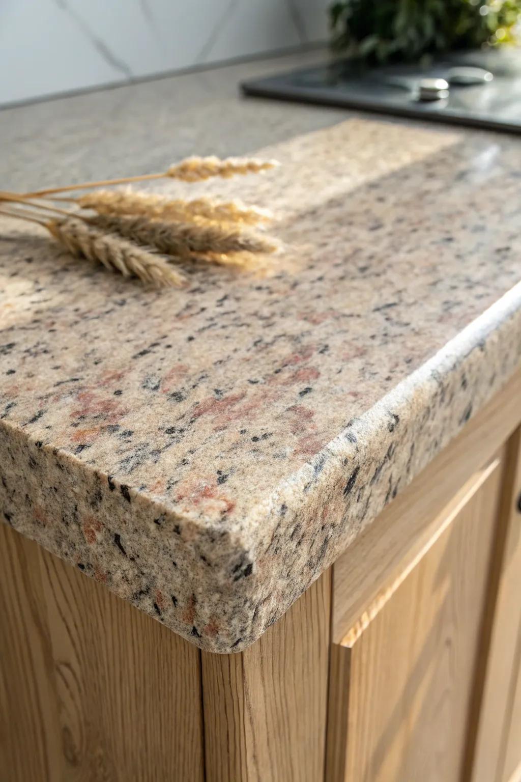 Earth-tone speckled granite: durable for cabin cooking, and beautifully in sync with wood grain.