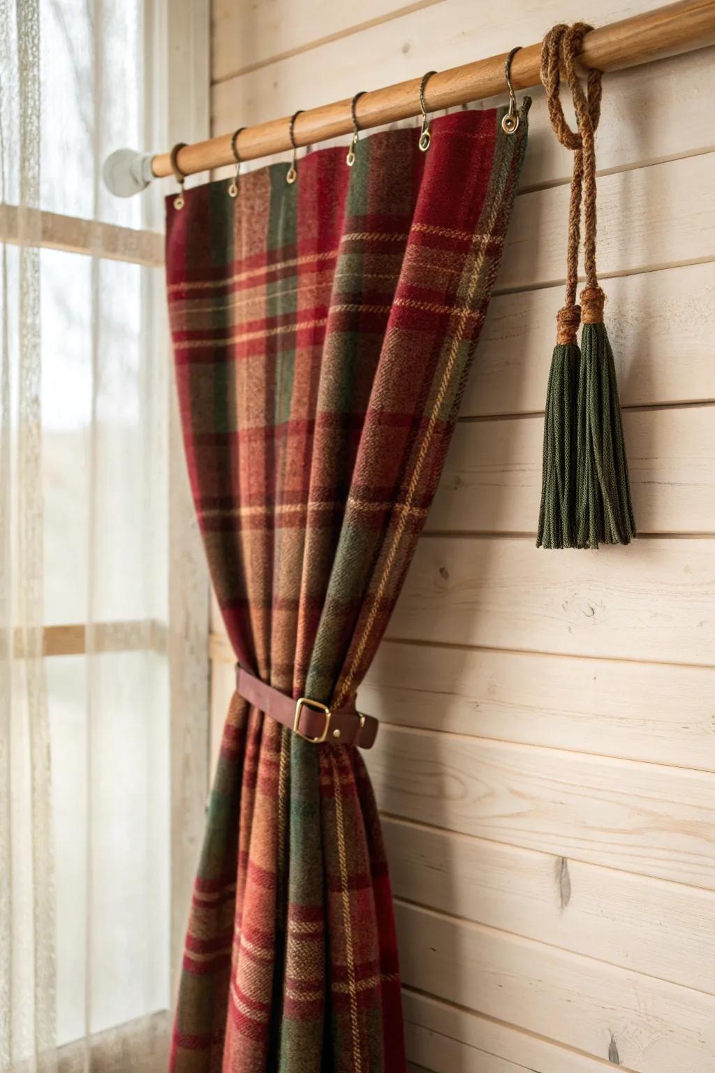 Warm plaid cabin drape on an oak rod—deep reds and greens for instant cozy contrast.