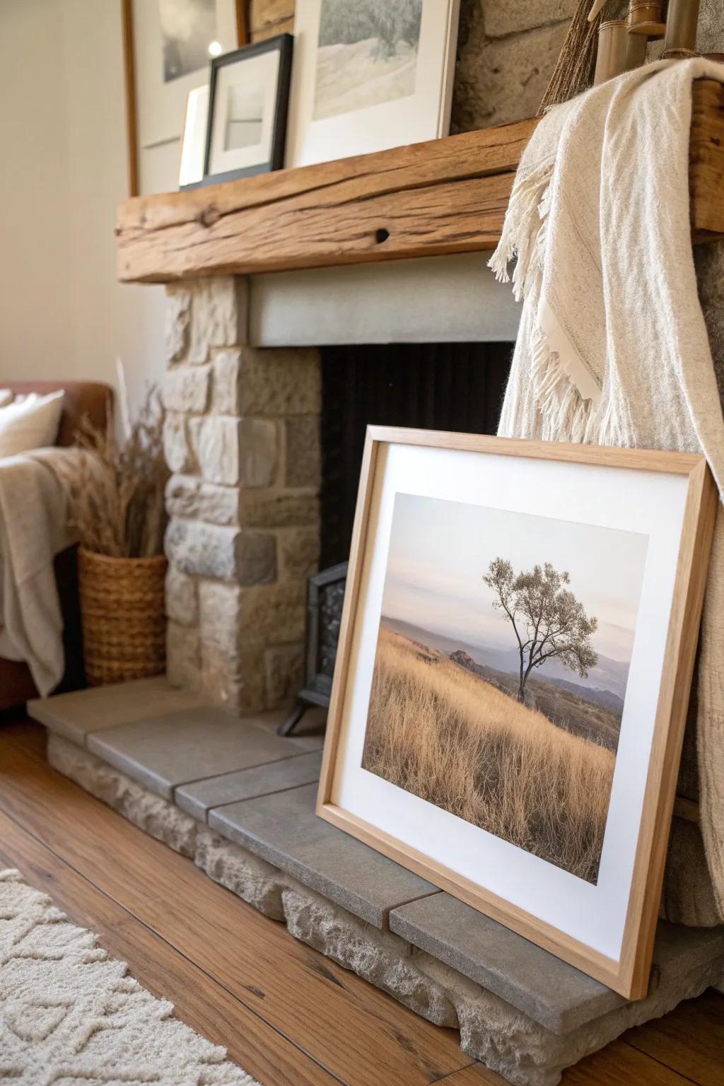 An oversized landscape print leaning on the mantel for effortless, cozy cabin charm.
