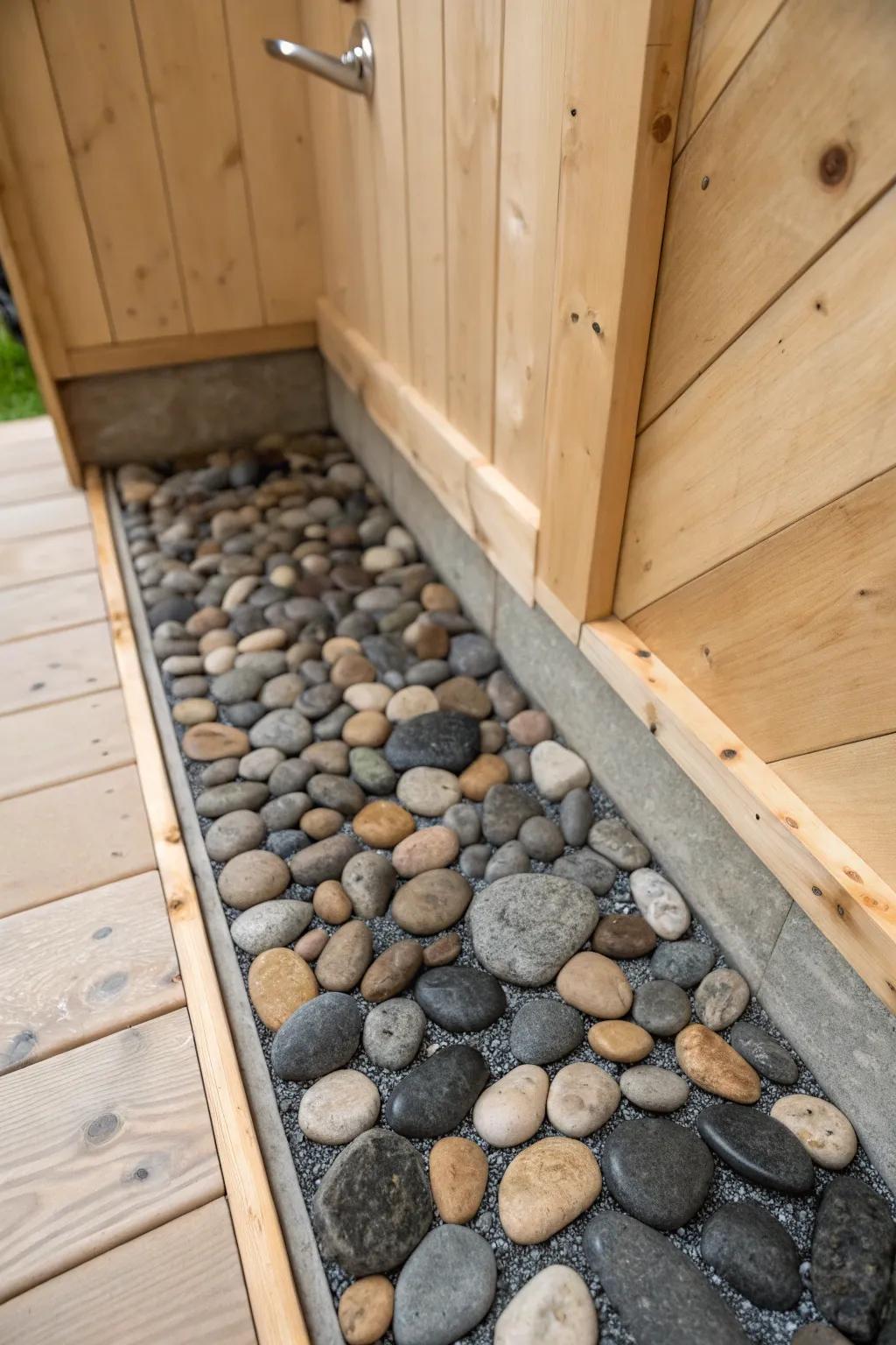 River rock pebble flooring adds creek‑bed grip and spa calm to a bright cedar cabin shower.