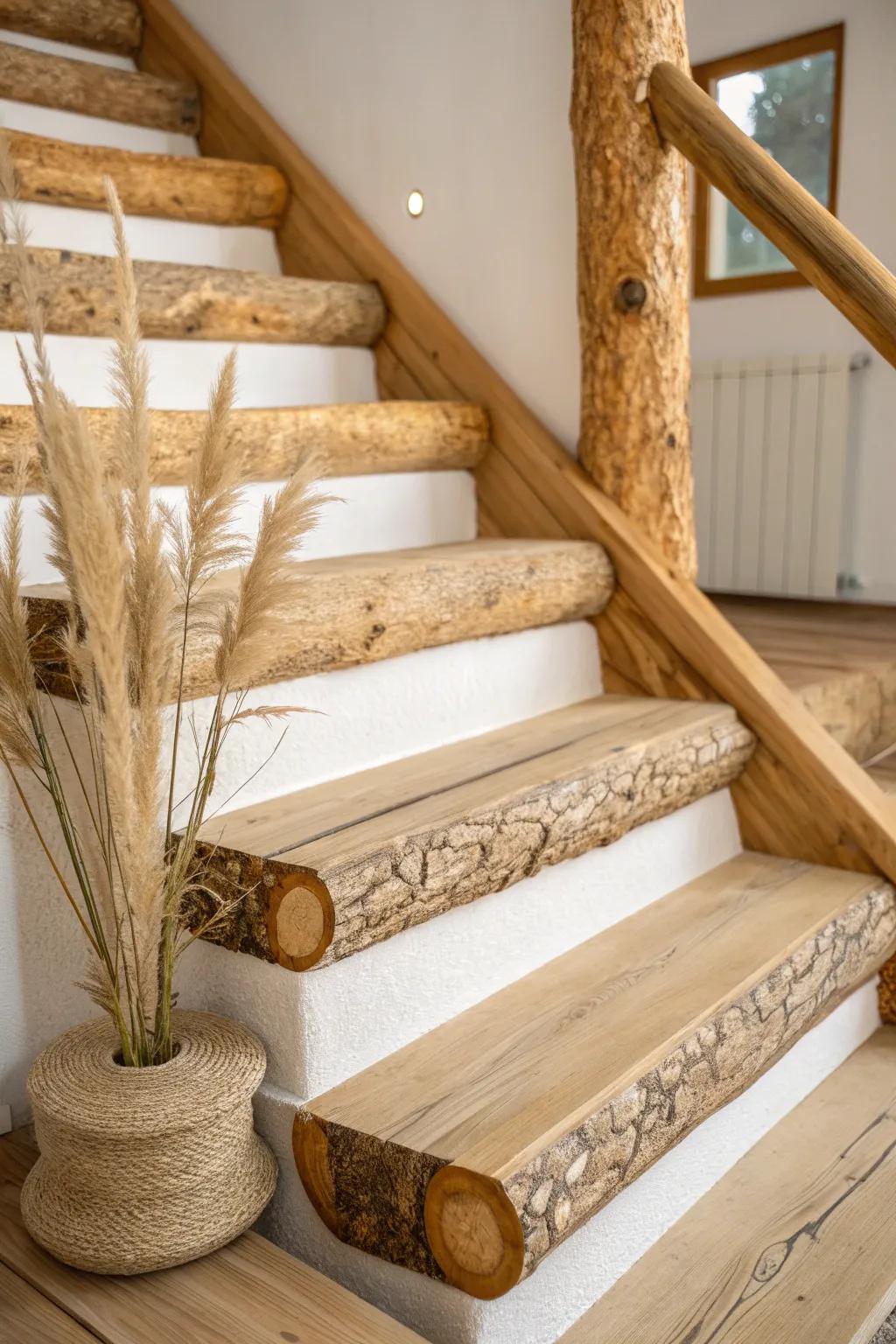 Half-log stair treads add rugged cabin charm—wire-brushed for texture, smooth to the touch.