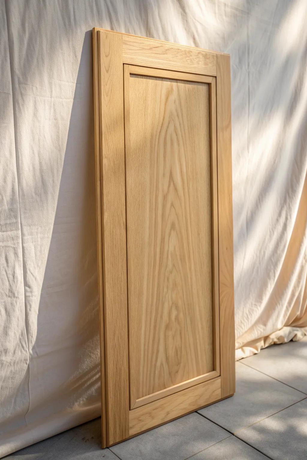 Calm, modern slab cabinet door—smooth birch plywood with crisp edge-banding and soft matte finish.