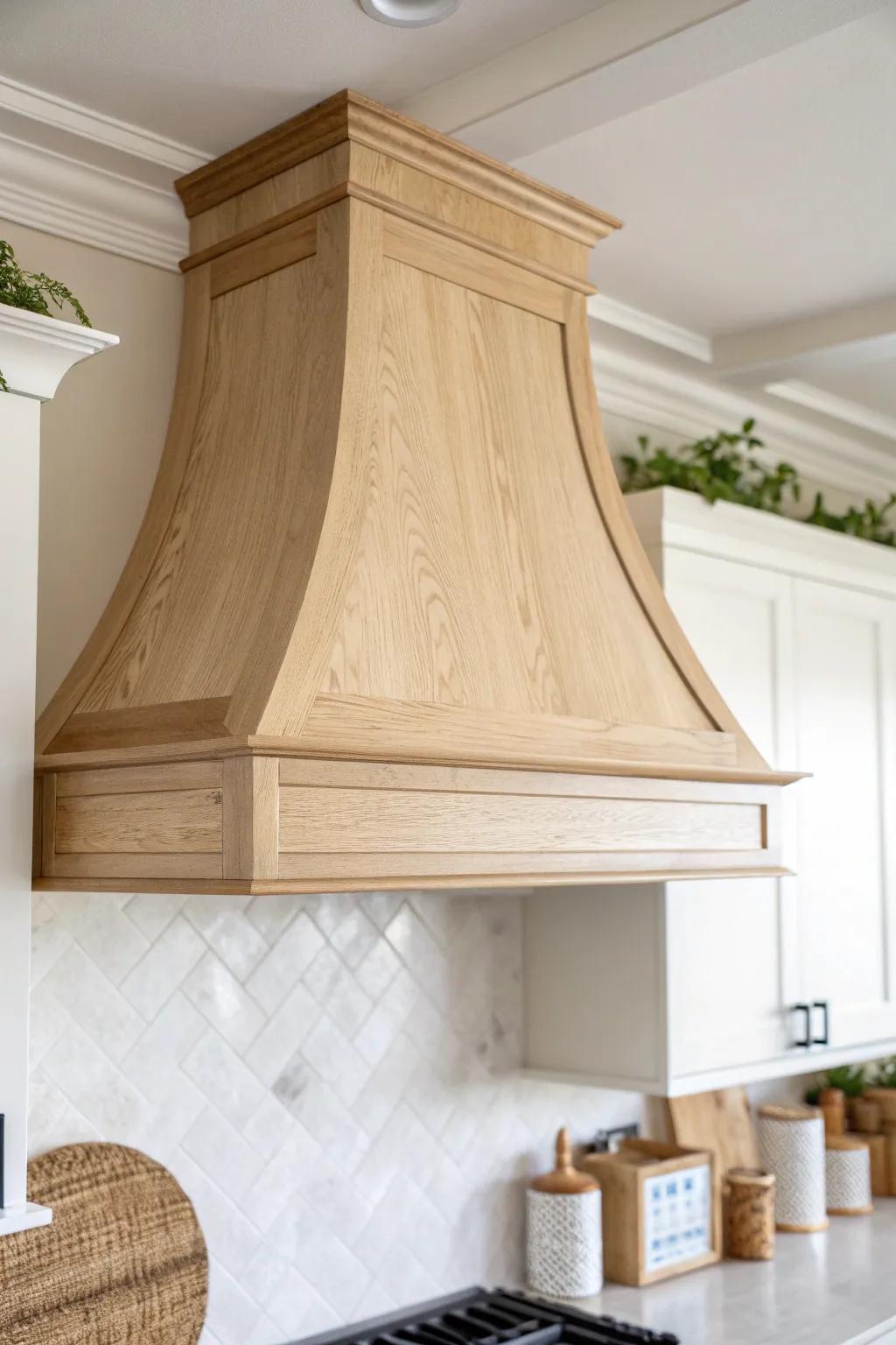 A tapered wood range hood: softer lines, high-end feel, and a handcrafted minimalist look.