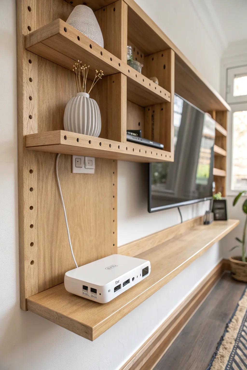 A wide oak cable box shelf that anchors into multiple studs—sleek, sturdy, and decor-ready.