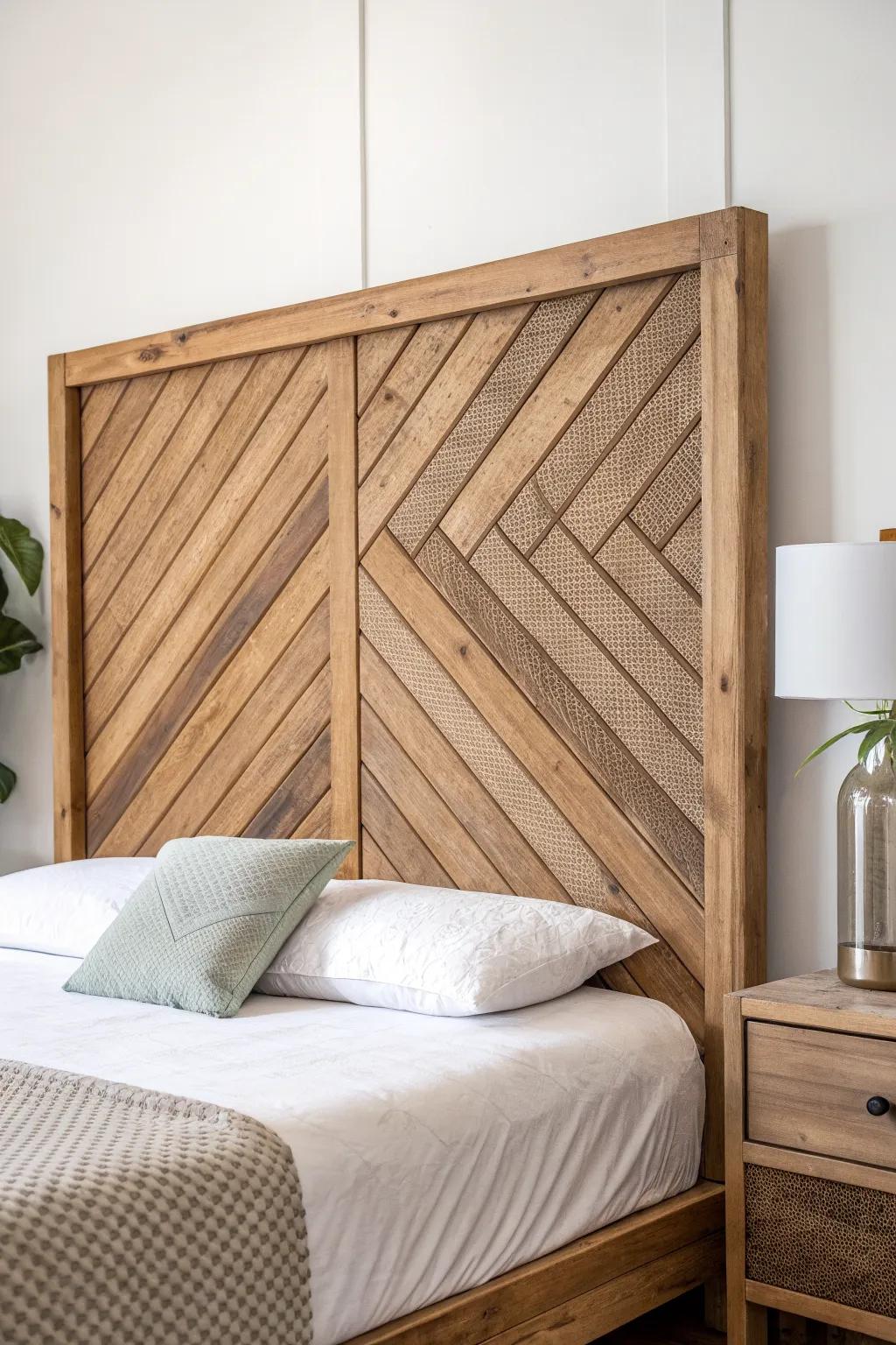 A tall reclaimed-wood headboard instantly finishes the awkward triangle behind a diagonal bed.