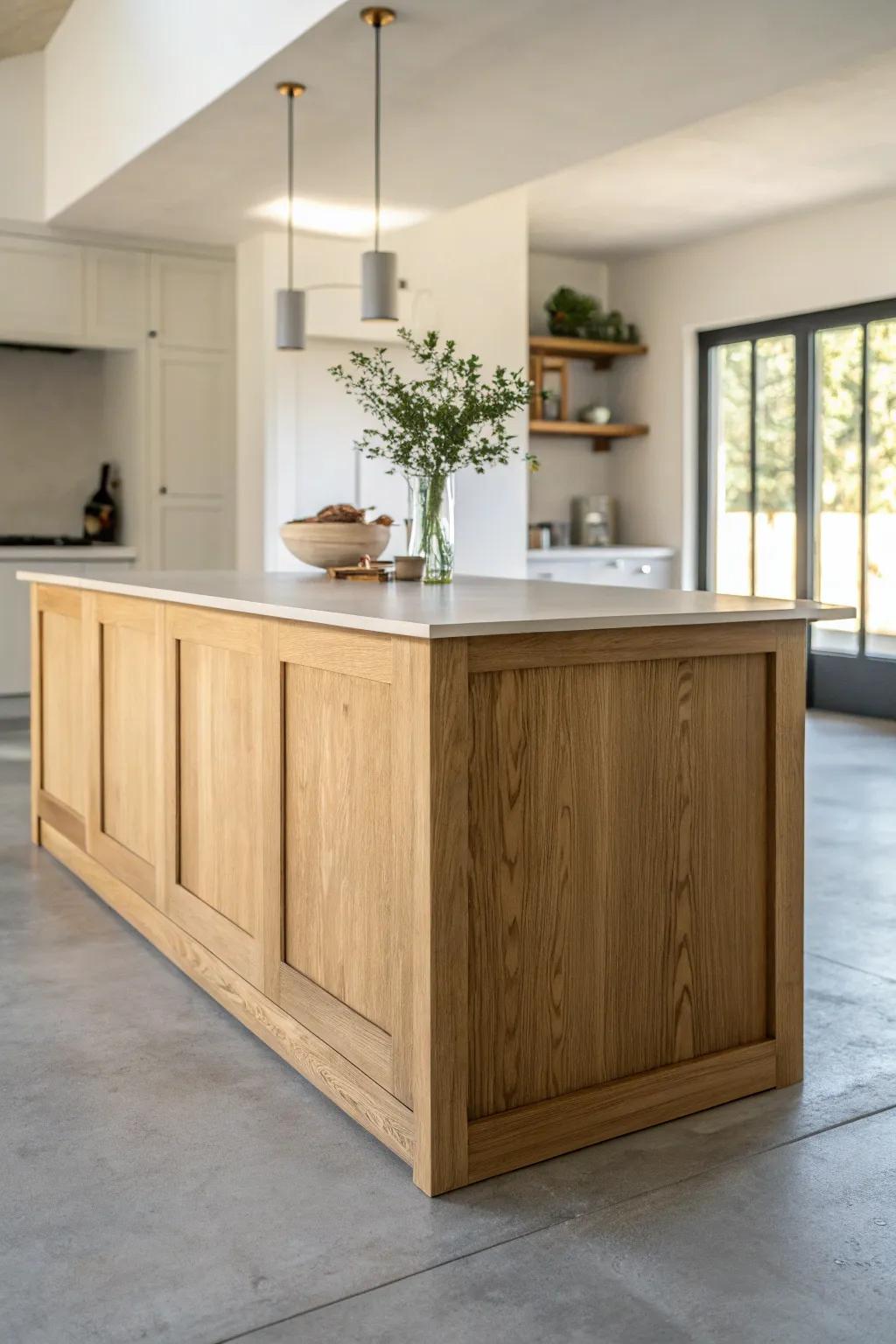 A crafted oak island that keeps sightlines open—California ease with Scandinavian calm.