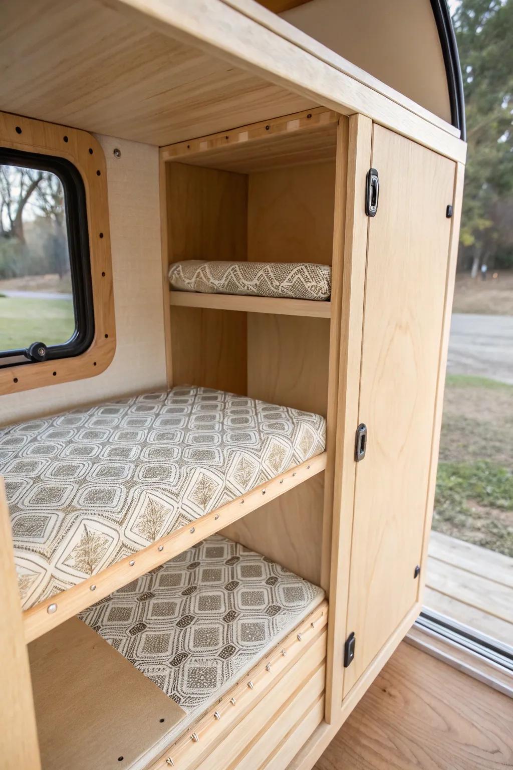 Non-slip shelf liner keeps camper cabinet essentials in place—no more sliding after travel days.