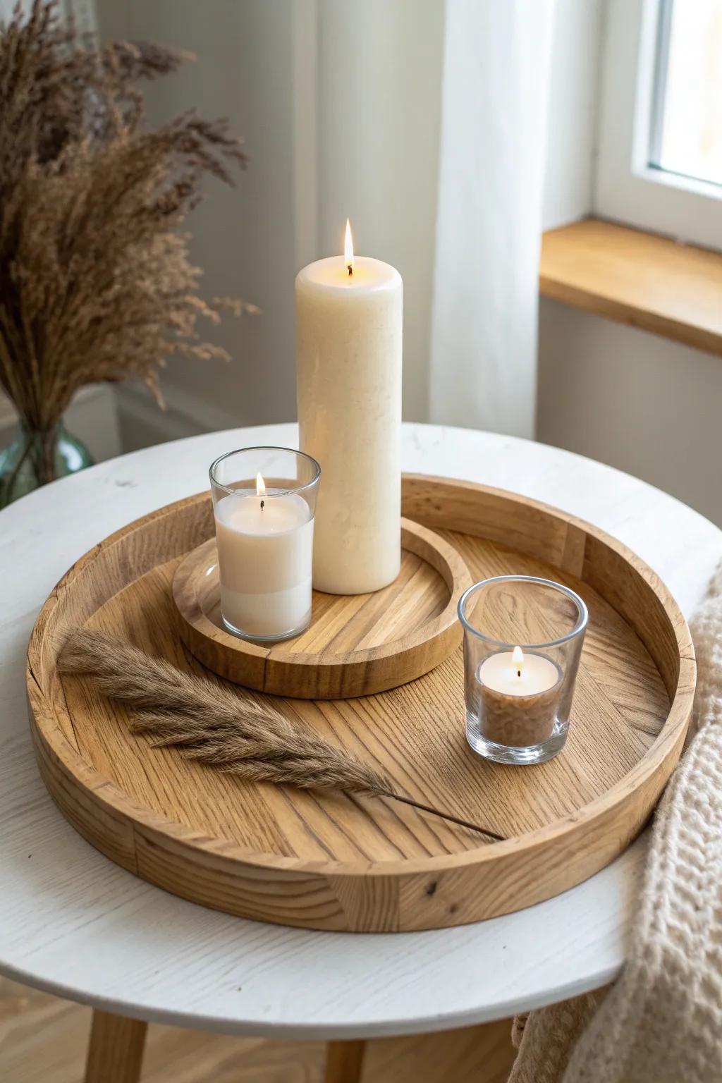 Round wooden tray styling: mix a tall taper with soft votives for effortless height contrast.