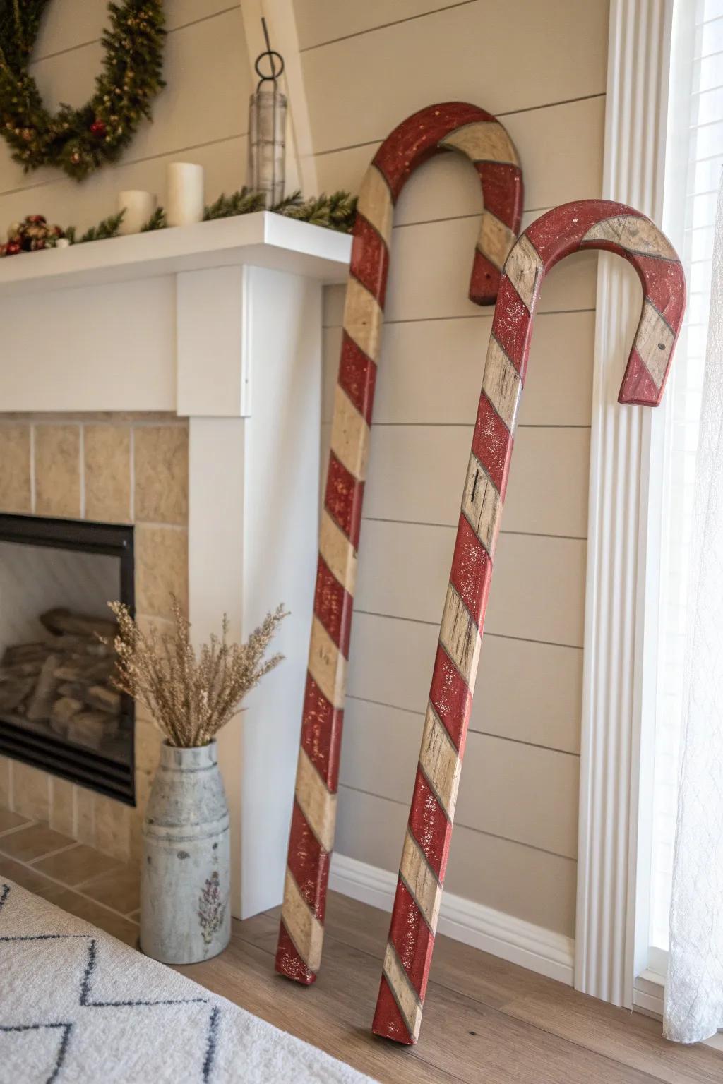 Rustic red wood candy cane pair that frames your mantel like festive statement bookends.