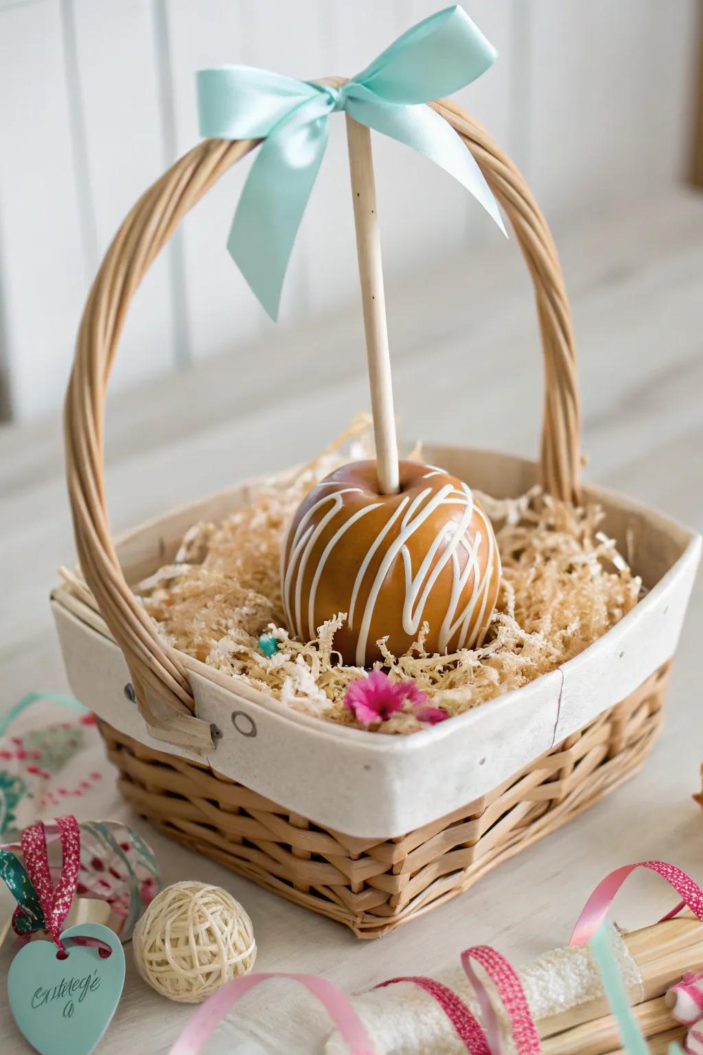 Elevate your gift-giving with a colorful basket that adds a playful twist to traditional caramel apples.