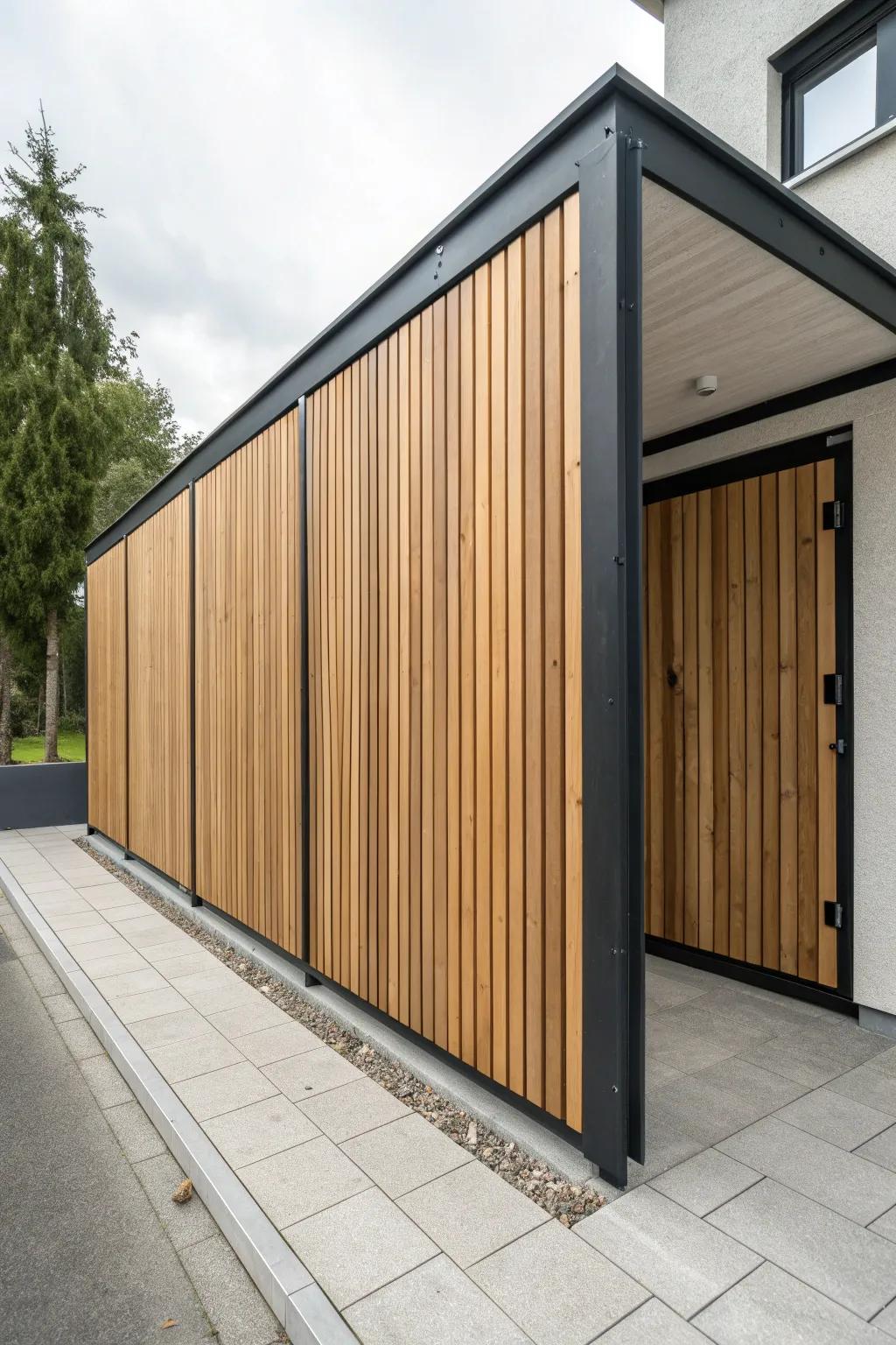 Modern carport wall: warm cedar slats held perfectly straight in a sleek matte-black frame.