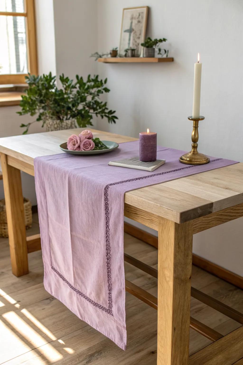 Violet linen altar runner with a removable rose accent—minimal, handcrafted Advent beauty.
