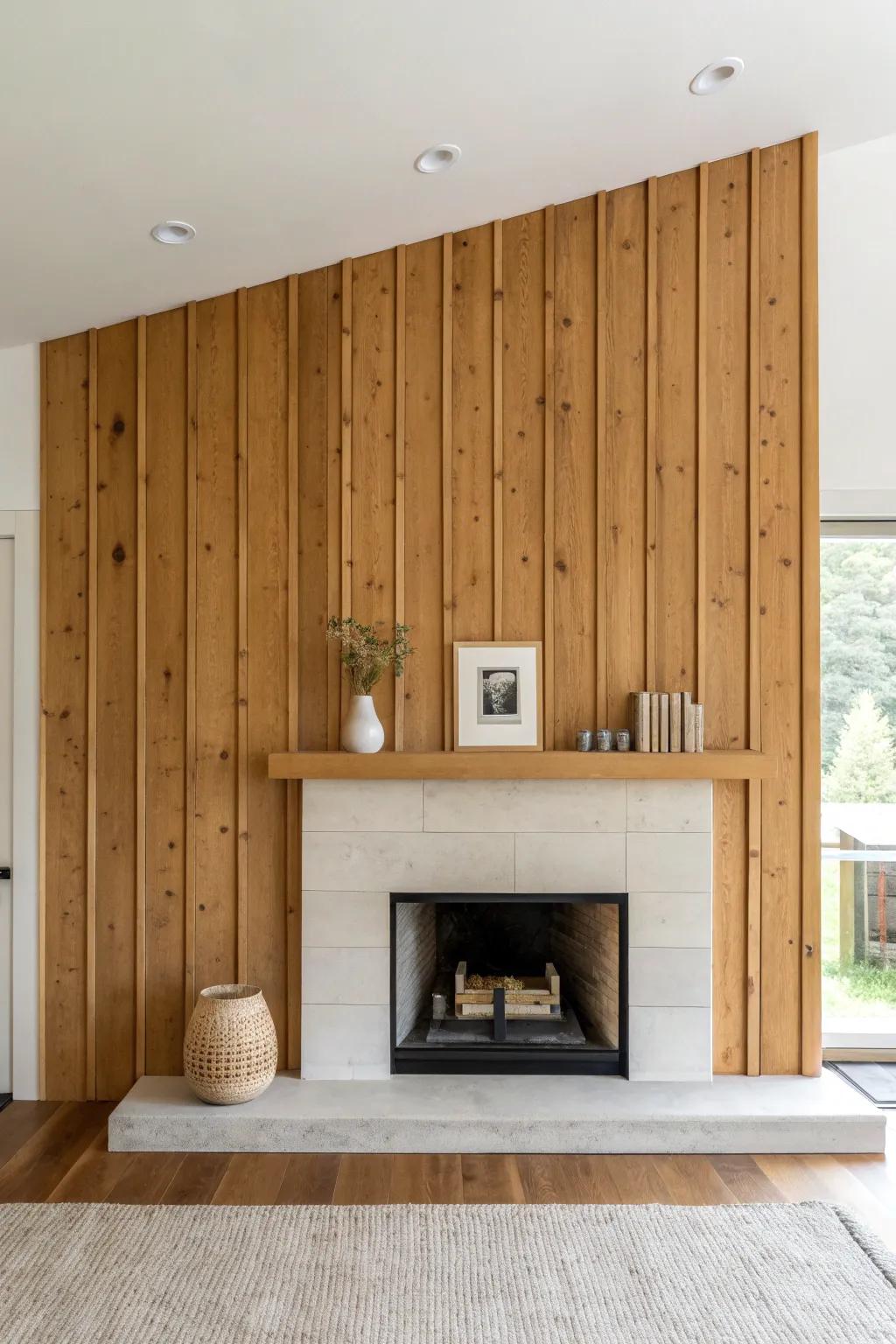Warm cedar planks turn a simple fireplace into a calm, handcrafted feature wall centerpiece.