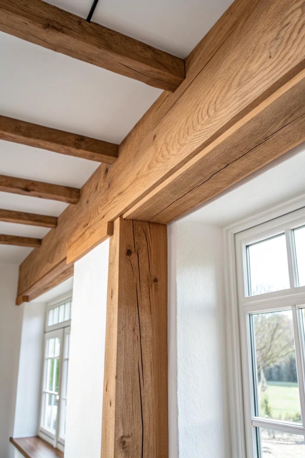 Carry the same exposed beam stain across ceiling heights for a seamless, calming transition.