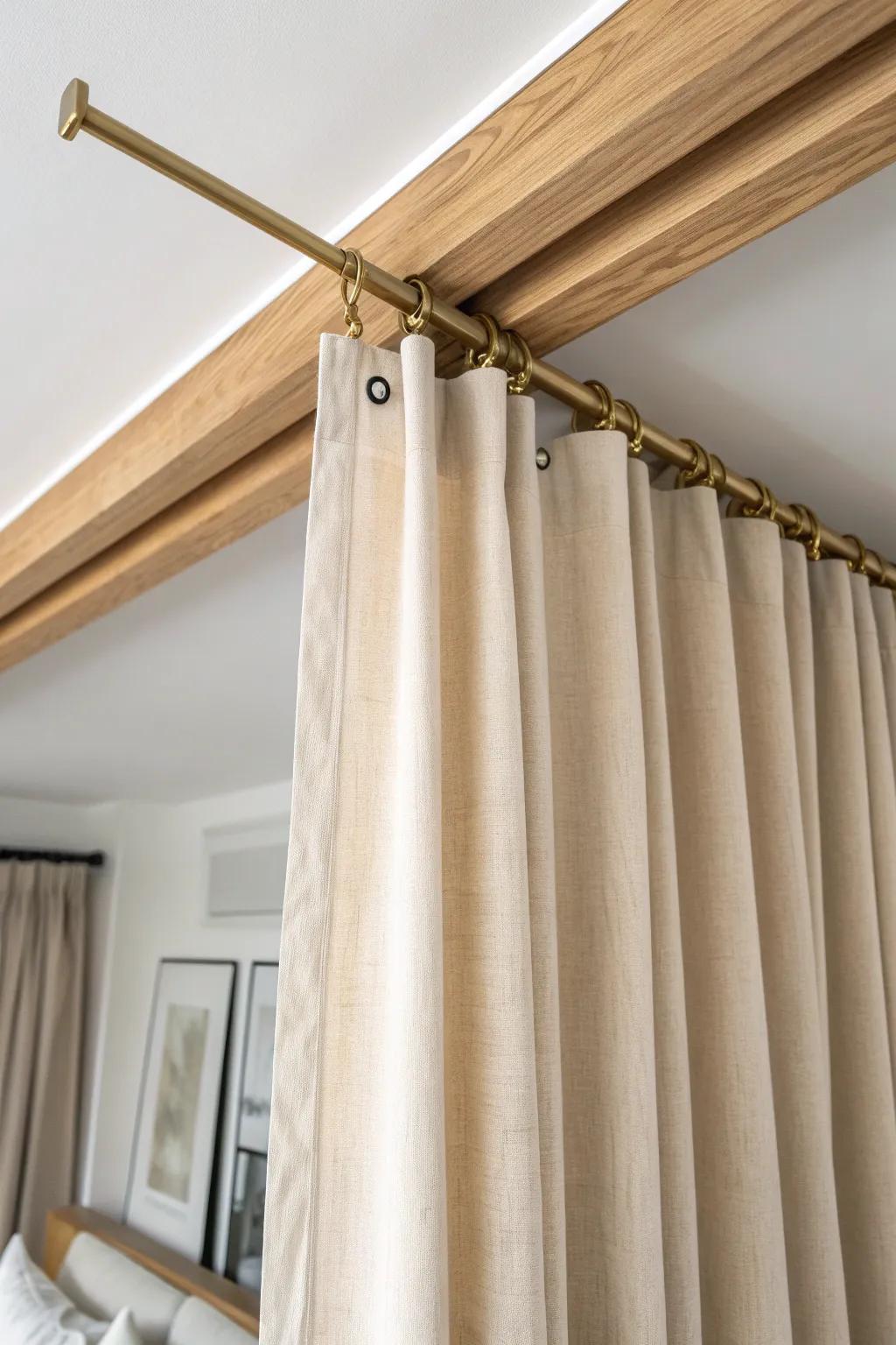 Ceiling curtain track with heavy linen folds—soft privacy and warm, minimalist studio style.