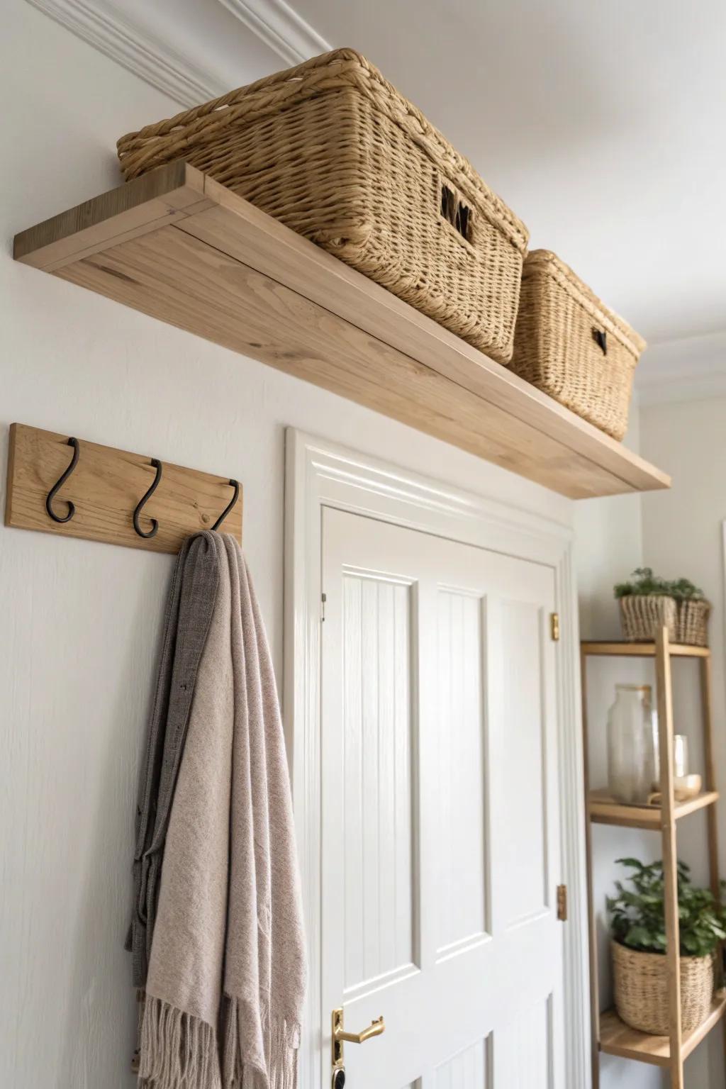 Make use of dead space: a slim oak shelf above the door keeps scarves tidy and pretty.