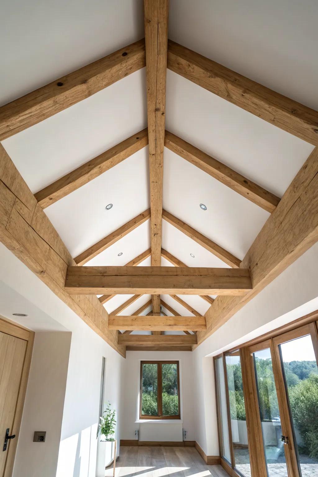 Warm oak boxed beam portal—a simple ceiling doorway that defines zones without closing the room.