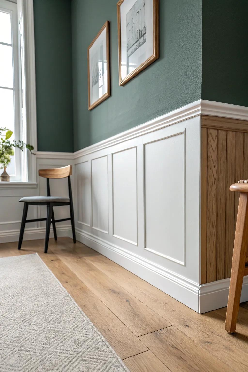 Crisp two-tone walls split by a warm oak chair rail—simple, modern, and instantly taller.