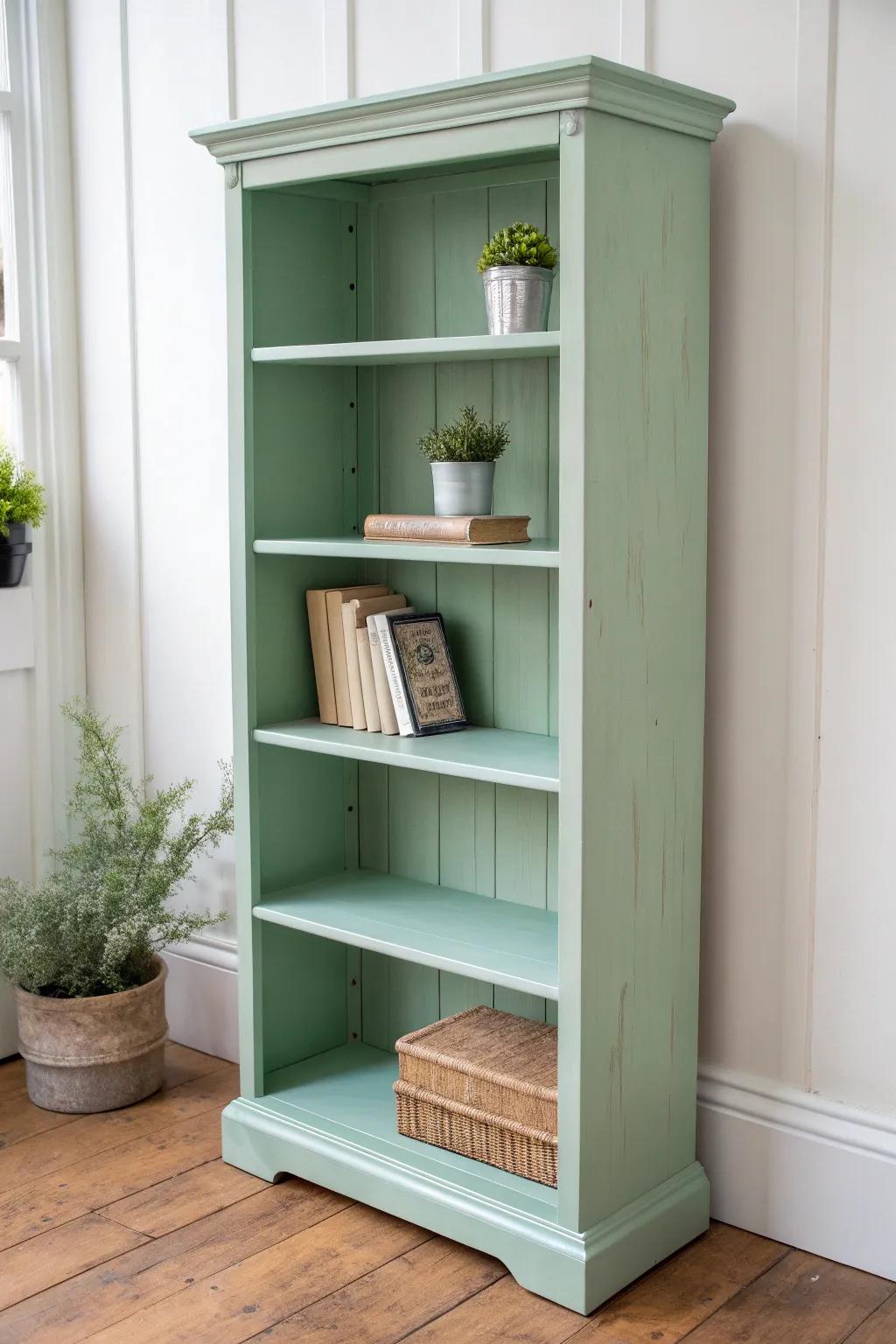 Transform your bookcase into a charming focal point with a touch of mint green chalk paint.