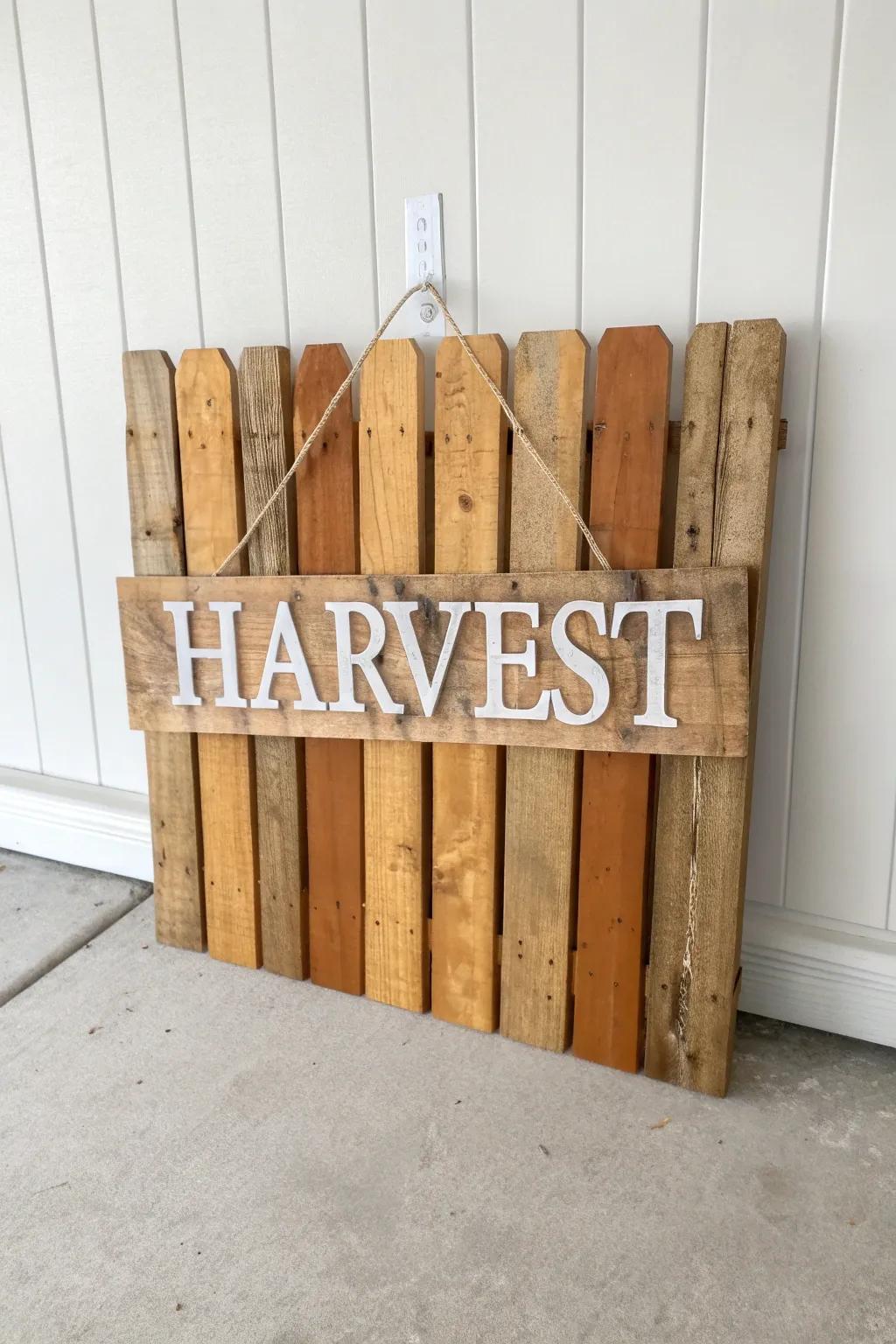 Rustic scrap-wood Harvest sign—quick paint + heavy sanding for instant aged fall charm.