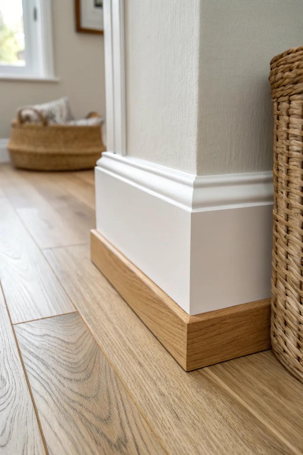 Budget built-up baseboard: wide flat stock with a slim cap for a high-end rustic look.
