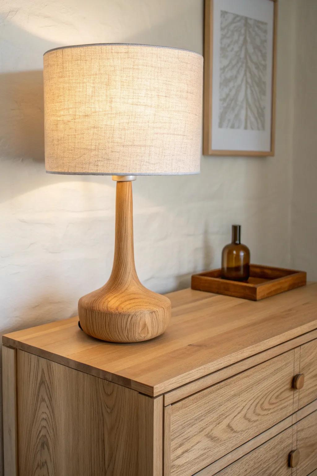 A warm table lamp adds height and makes the chest top feel finished—wood grain glows at night.