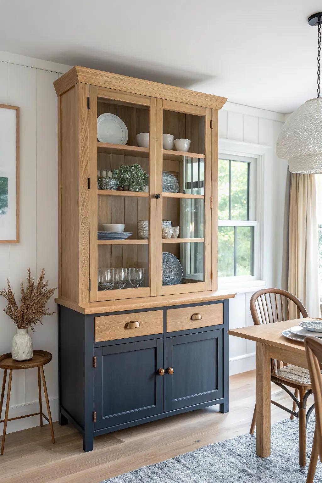 A two-tone china hutch turns simple white dishes into a striking, collected display.