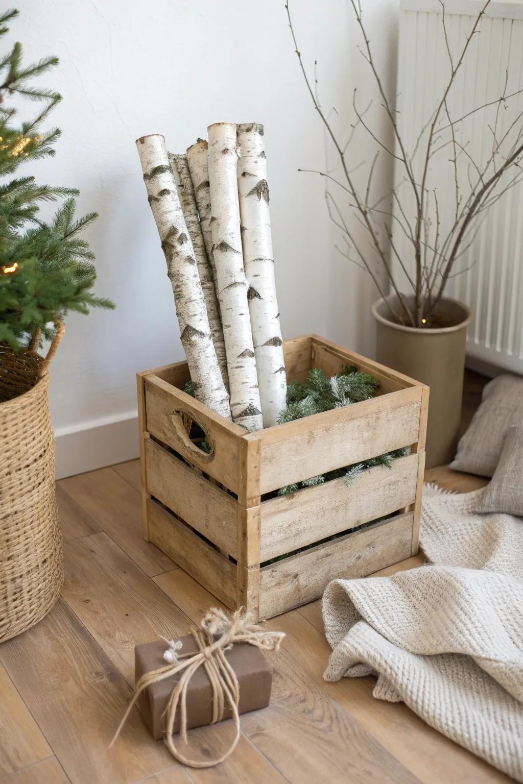 Birch log bundle in a wooden Christmas crate—simple height, crisp contrast, winter charm.