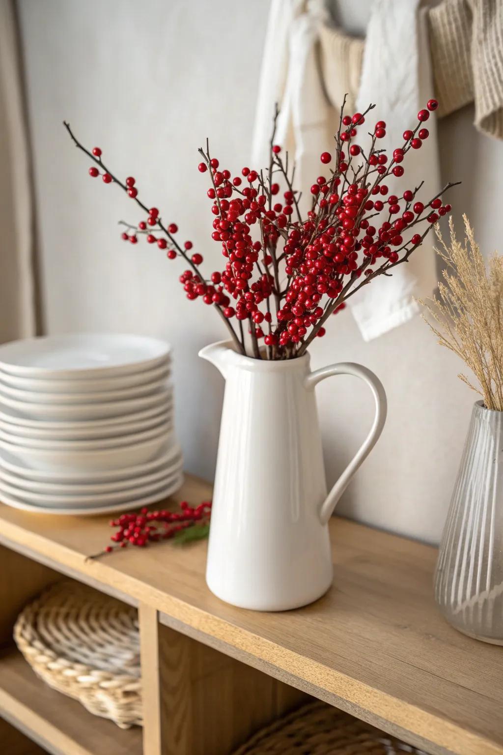White ceramic pitcher with red berry sprigs—an instant Nordic Christmas hutch accent.
