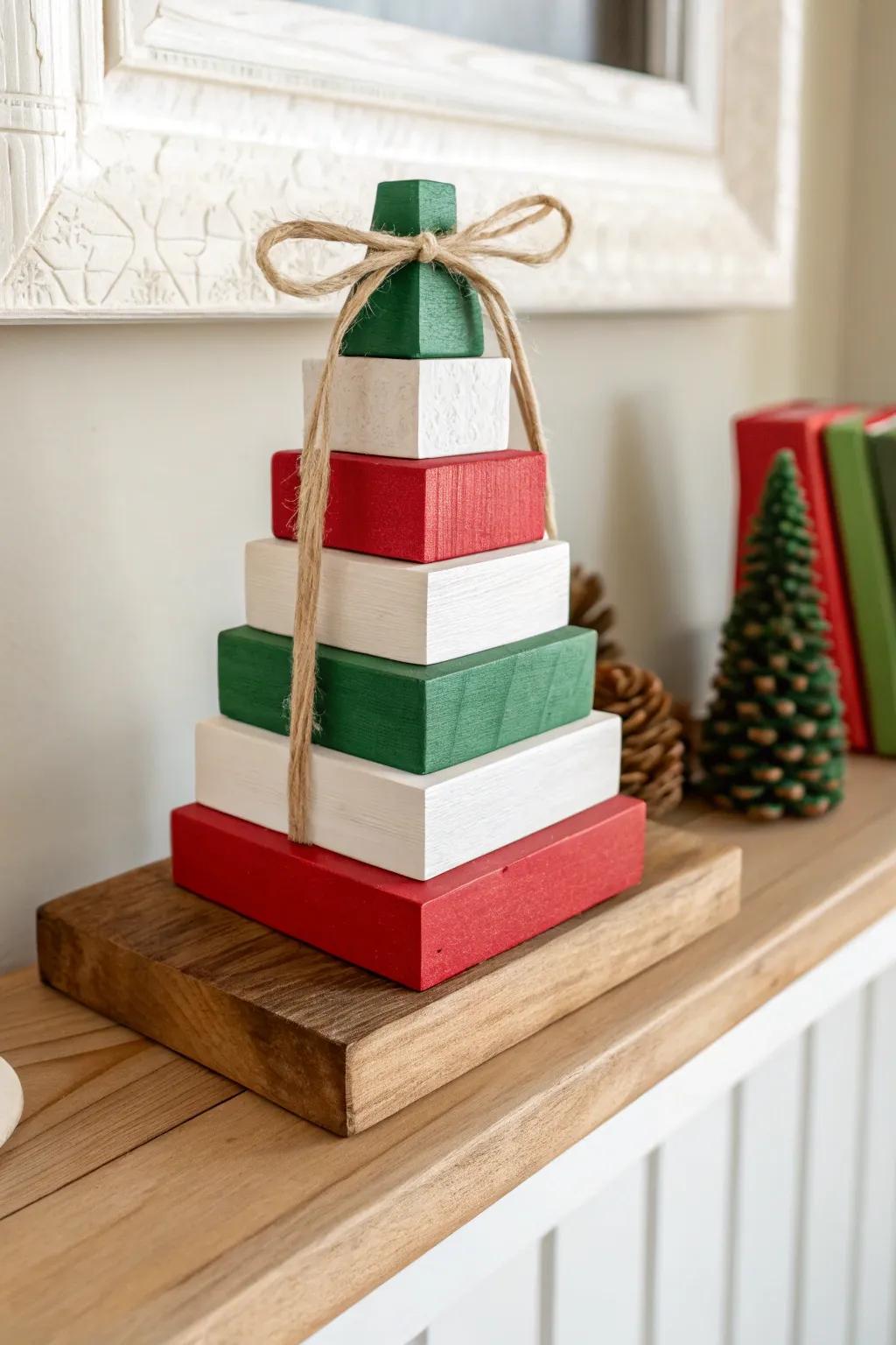 Classic red, white & green wooden stack—simple, curated Christmas shelf decor with cozy contrast.
