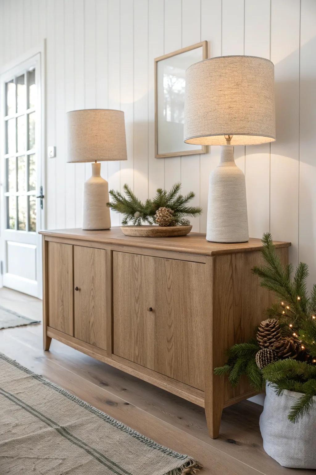 Matching lamps and a simple linen runner for a calm, classic Christmas sideboard look.