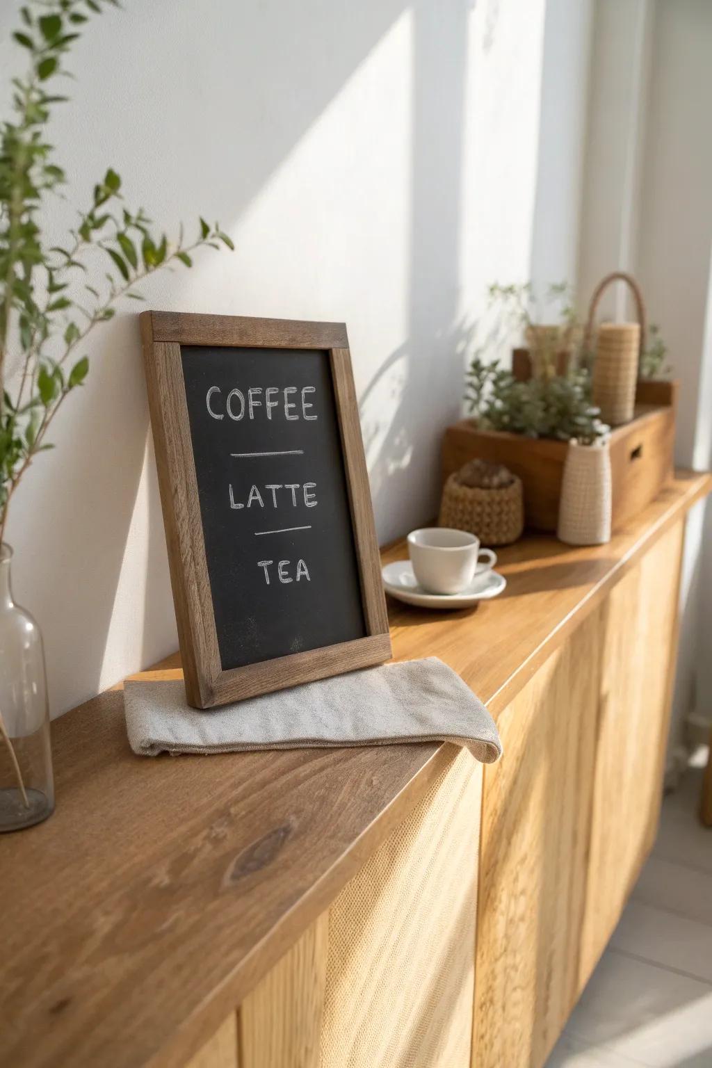 Wood-framed chalkboard menu for a church coffee bar—simple, welcoming, café-style charm.