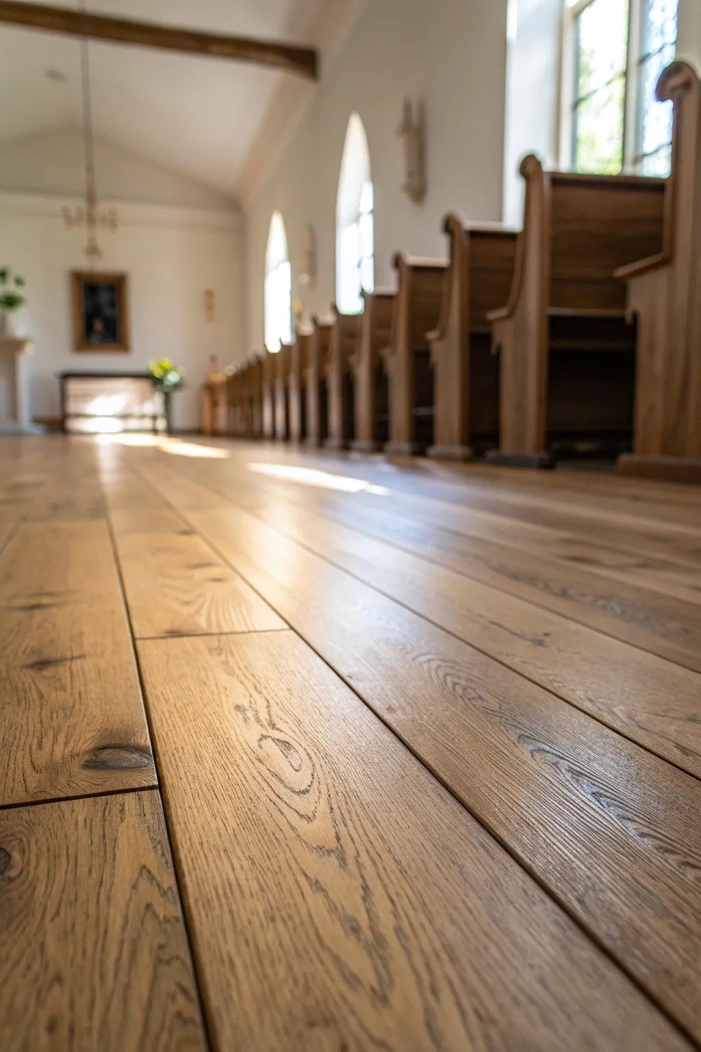 Timeless chapel oak floor—satin sheen, warm grain, and soft light made for wedding photos.