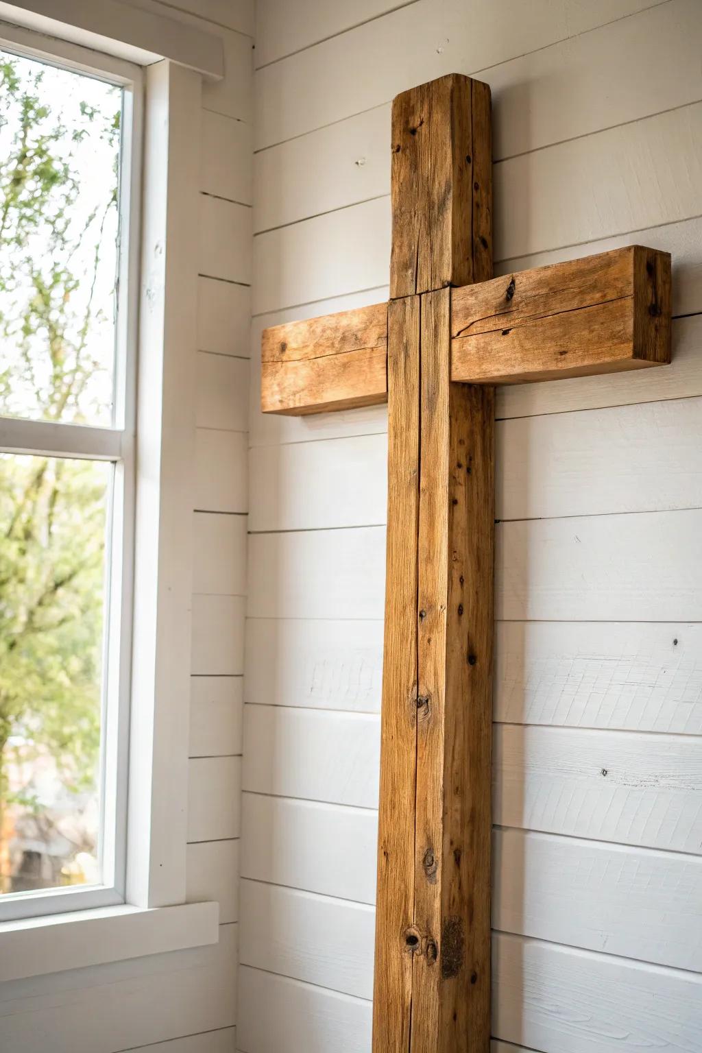 A chunky salvaged-wood cross on a slim oak backer—simple, grounded, and beautifully rustic.