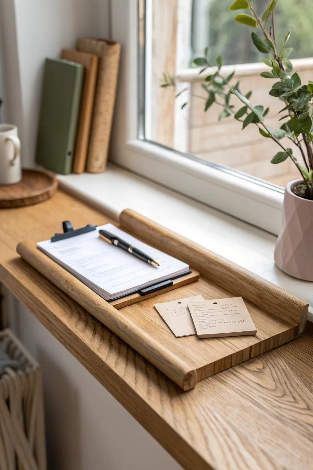 A slim oak clipboard rail keeps connection cards and pens tidy—and actually invites guests to use them.