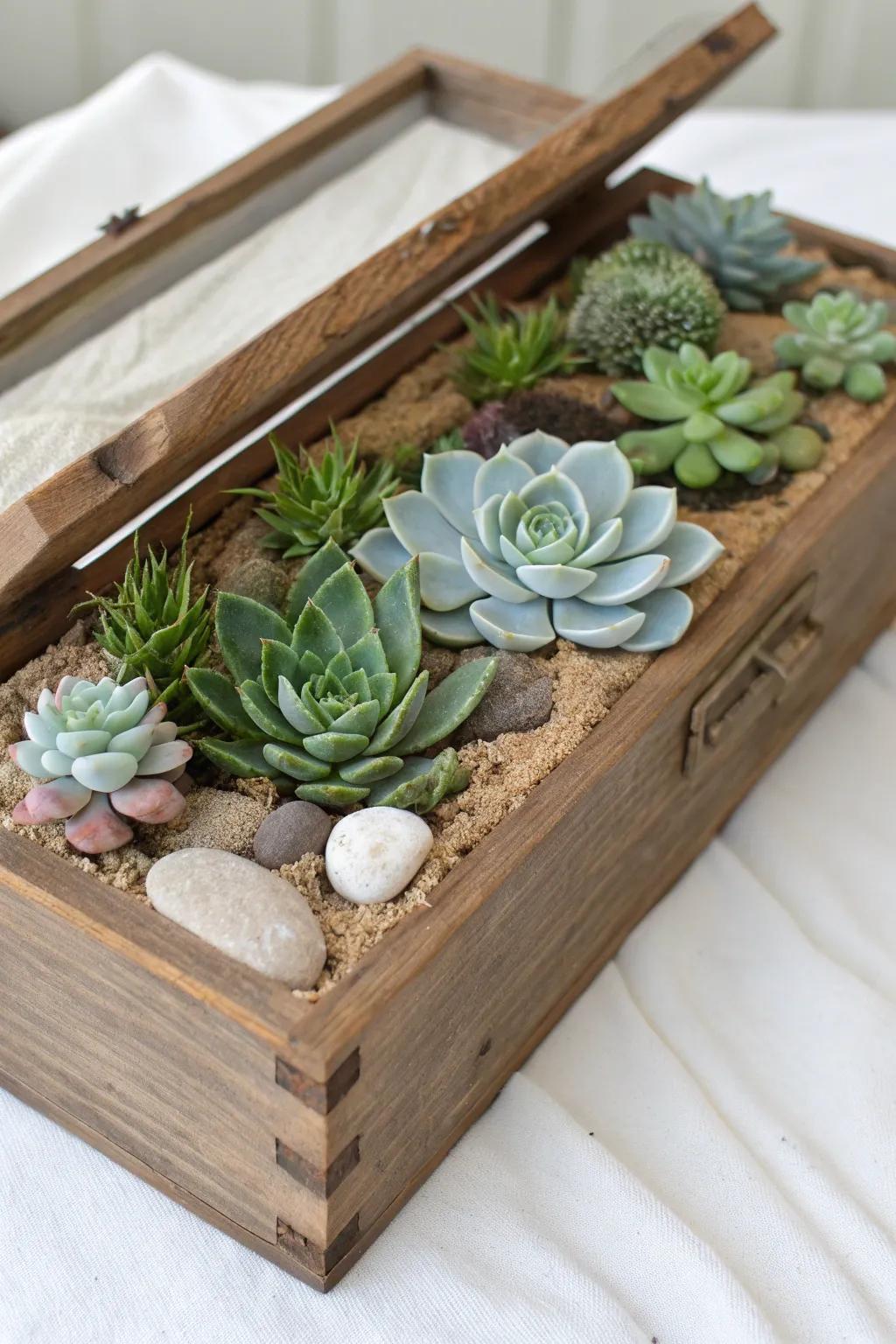 A minimalist cigar box succulent garden centerpiece—beautiful, durable, and nearly forget-to-water proof.