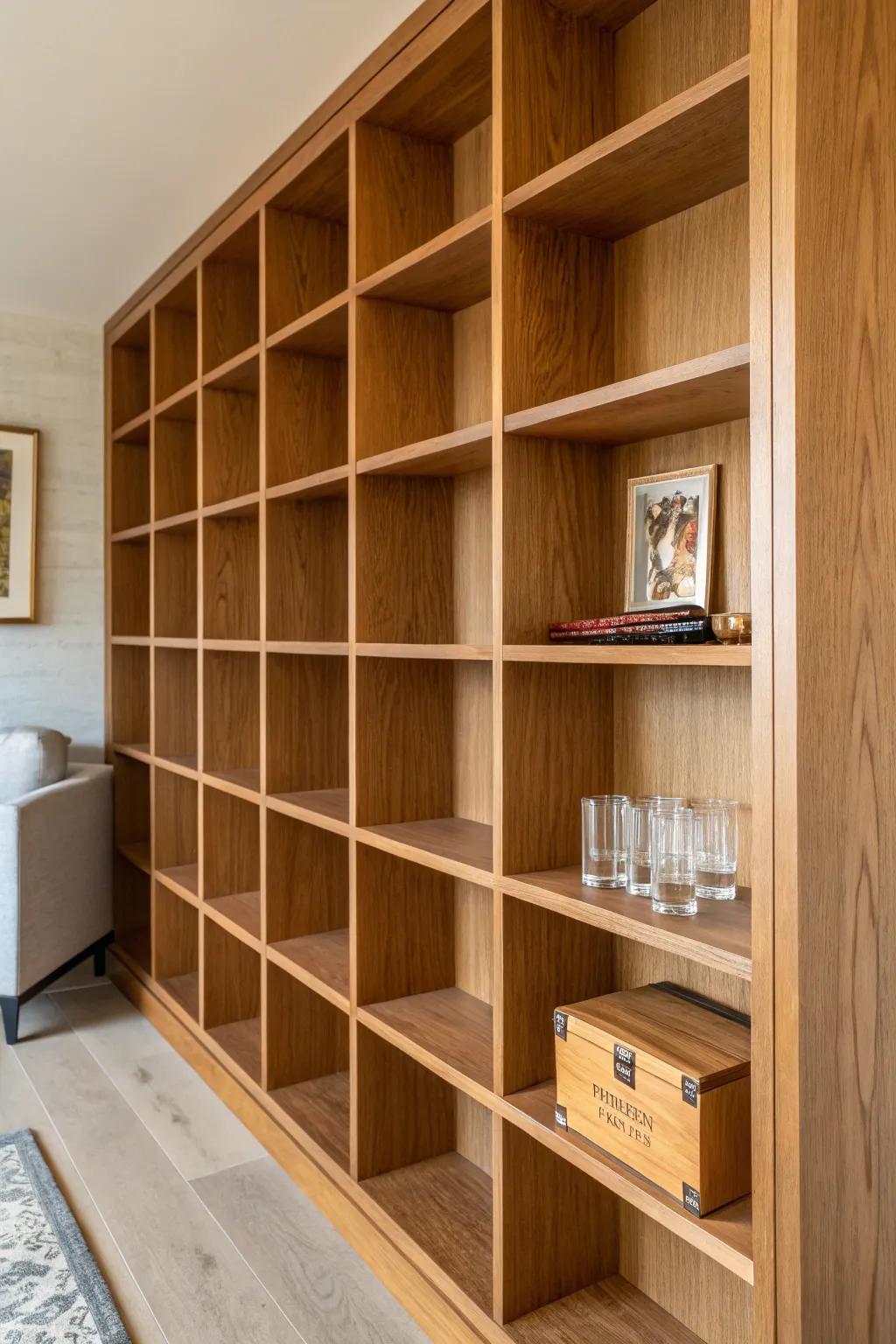 Built-in library wall: clean oak cubbies with curated cigar and glassware niches.