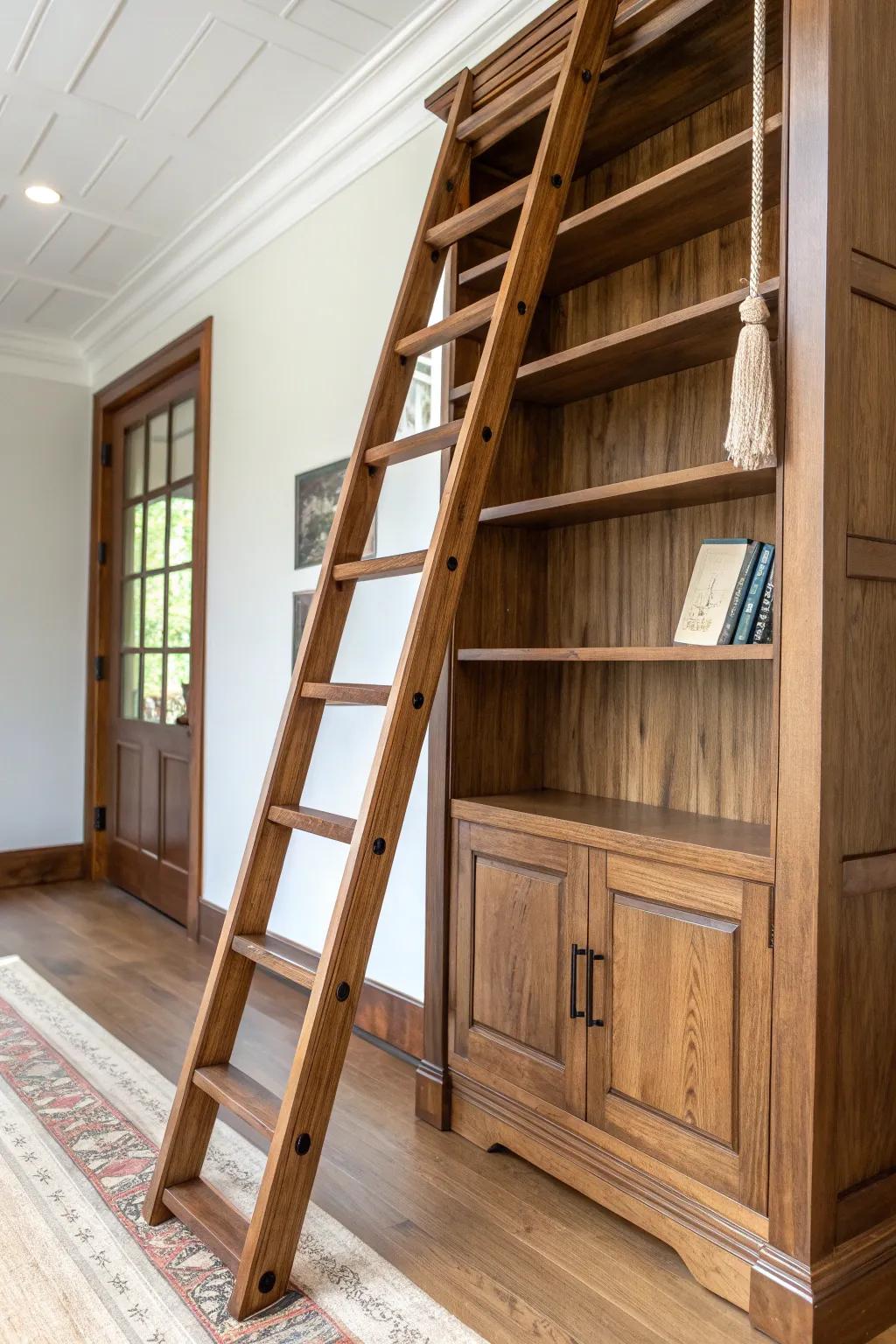 A matte reclaimed-wood library ladder that adds instant gentleman’s club charm—clean, crafted, classic.