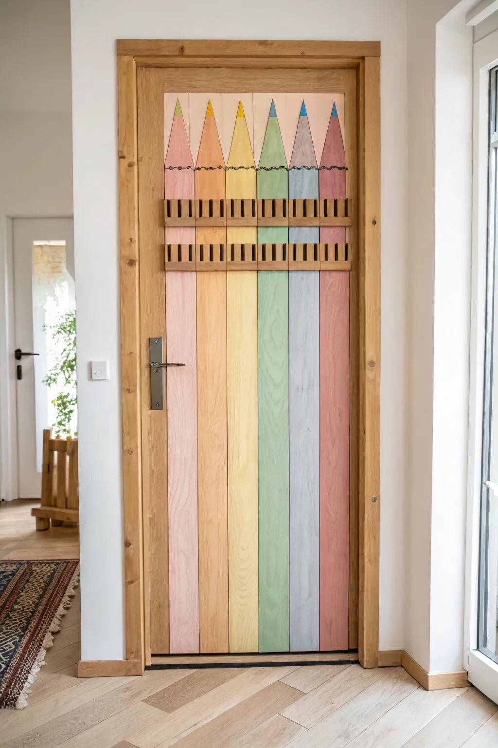 Crayon-box classroom door with cedar trim—soft colors, clean lines, and handmade warmth.